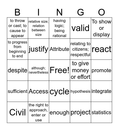 Regular Vocabulary Bingo Card