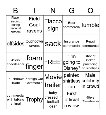 SuperBowl Bingo Card