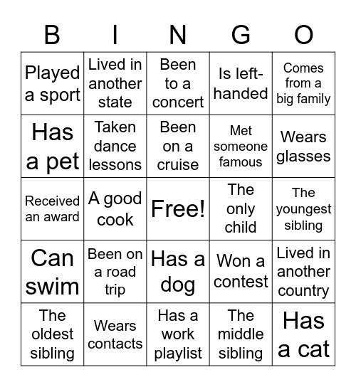 Ice breaker Bingo Card