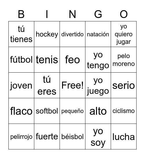 Deportes y Adjetivos Bingo Card