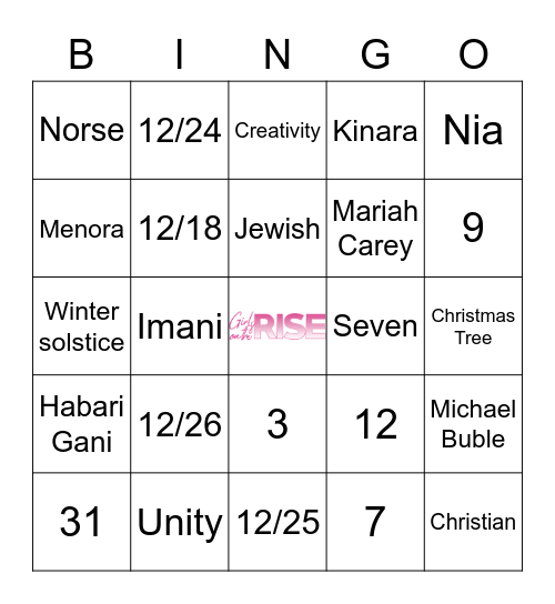 Girls On The Rise December Holiday Bingo Card