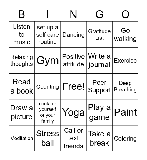 Coping Skills Bingo Card