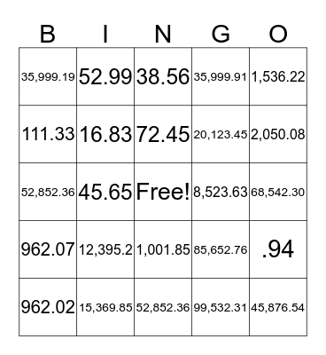place value  Bingo Card