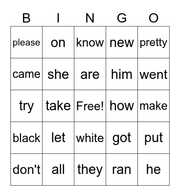 Green Sight Words Bingo Card