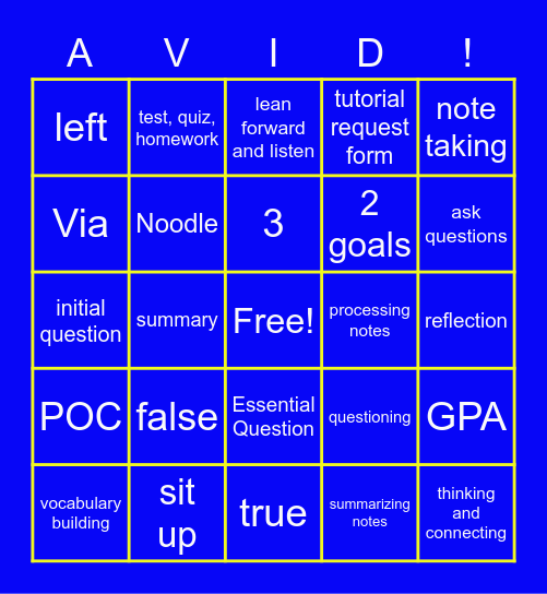 AVID Fall Semester Review (Jones MS) Bingo Card