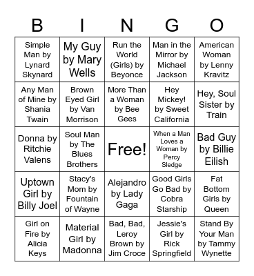 Girls vs. Boys Music Bingo Card