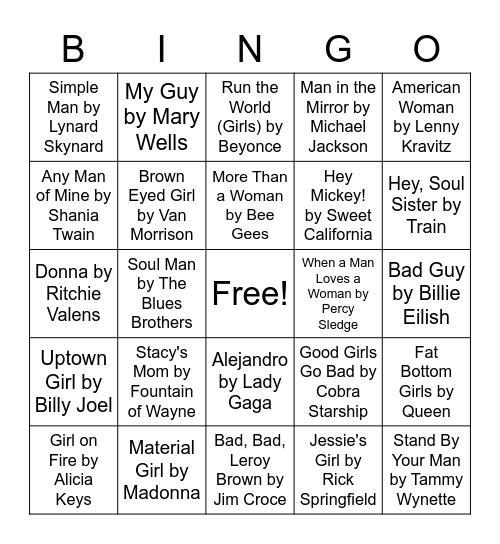 Girls vs. Boys Music Bingo Card