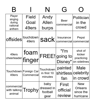 SuperBowl Bingo Card