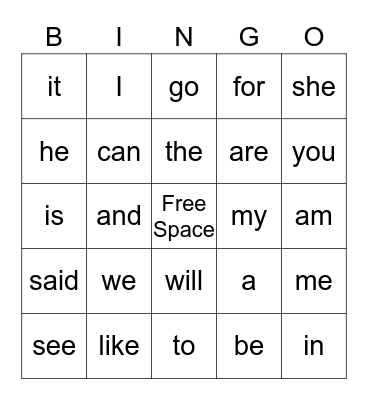 Sight Words Bingo Card