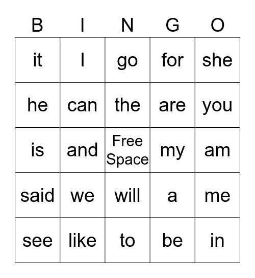 Sight Words Bingo Card