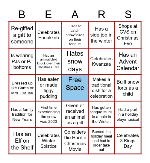 BPES Staff Winter Bingo Card