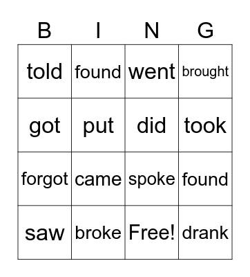 Past Simple Irregular Verbs Bingo Card