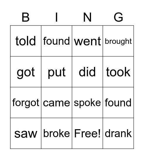 Past Simple Irregular Verbs Bingo Card