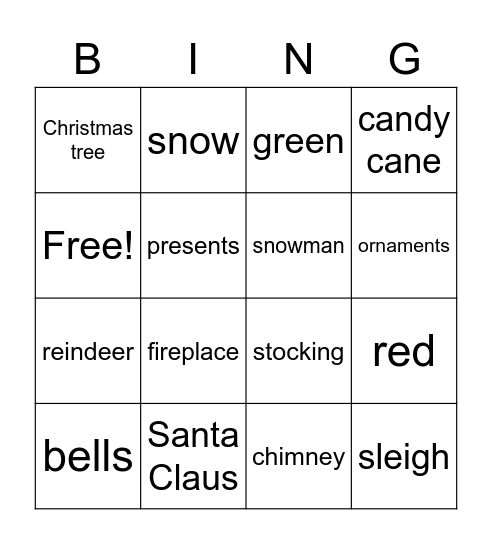 Christmas Vocabulary Bingo Card