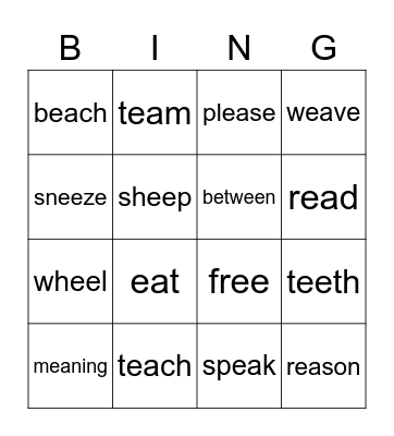 Words with ee & ea Spelling Bingo Card