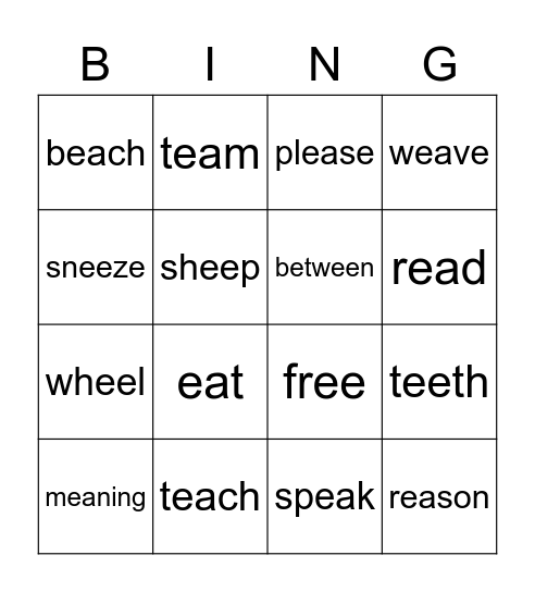 Words with ee & ea Spelling Bingo Card