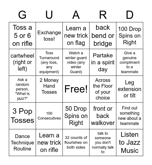 Winter Guard Practice BINGO Card