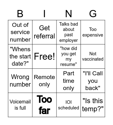 Recruiter Bingo Card Bingo Card