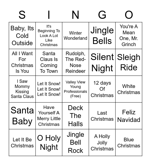 Valley View Young Professional's Christmas Bingo Card