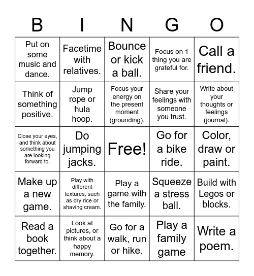 Coping Skills Bingo Card