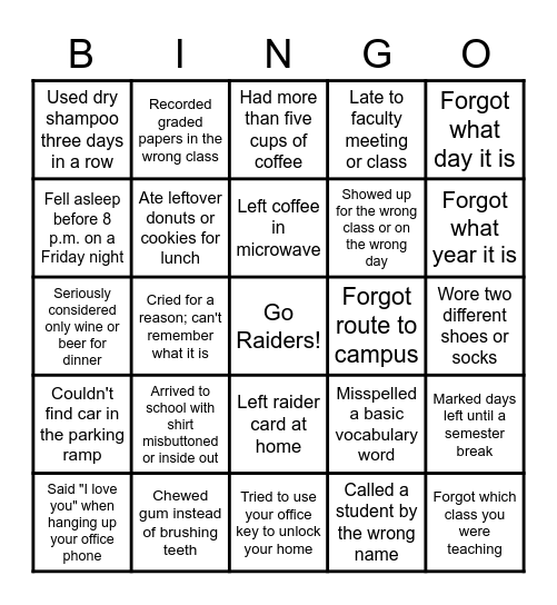 Tired Teacher Bingo Card