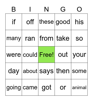 2G Power Word Bingo Card