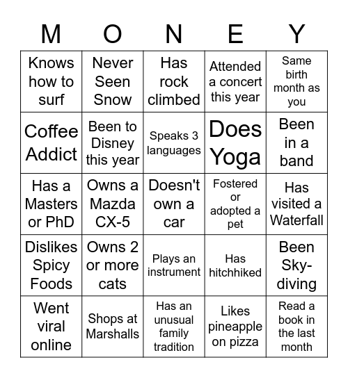 Money Bingo Card