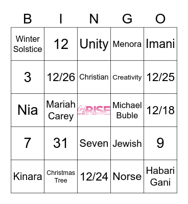Girls On The Rise December Holiday Bingo Card