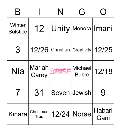 Girls On The Rise December Holiday Bingo Card