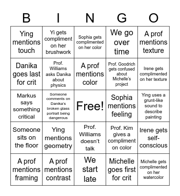 Thesis Fall Final Crit Bingo Card