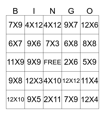 Multiplication Bingo Card