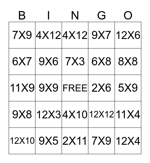 Multiplication Bingo Card