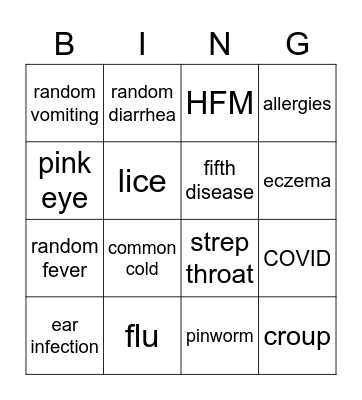 Daycare plague Bingo Card