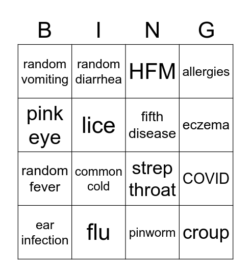 Daycare plague Bingo Card
