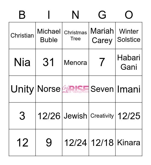 Girls On The Rise December Holiday Bingo Card