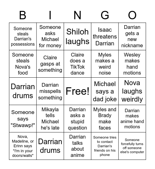 8th Grade All-Day Bingo Card