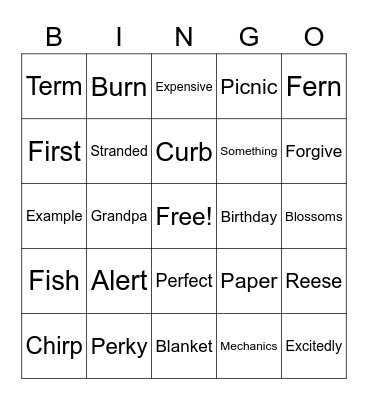 Reese Bingo Card