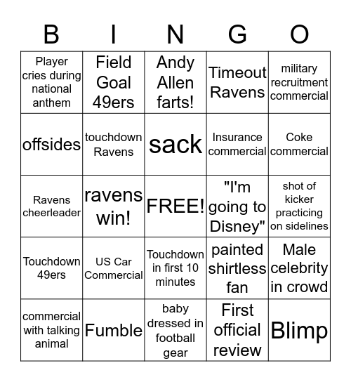 SuperBowl Bingo Card
