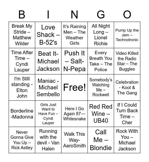 2022 Lundquist 80's Bingo Card