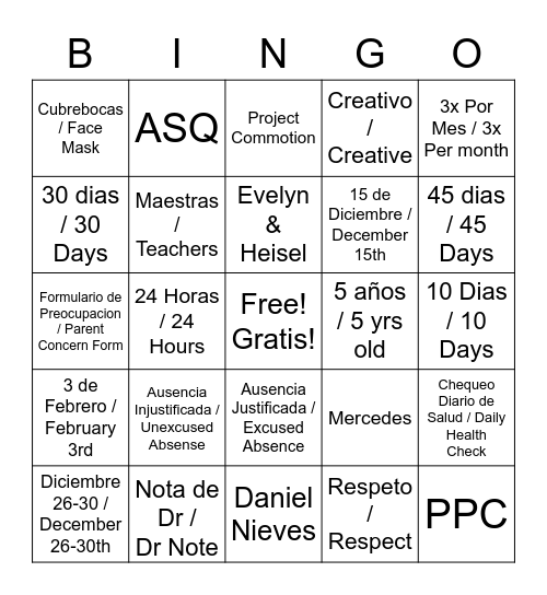 Bingo Escolar / School Bingo Card