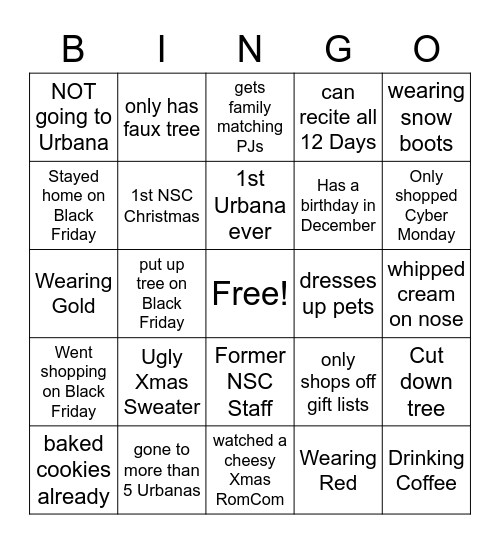 NSC Christmas Bingo Card