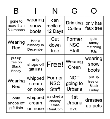 NSC Christmas Bingo Card