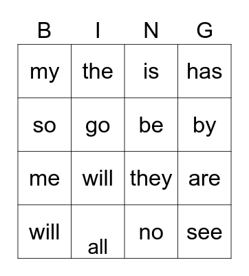 Sight Words Bingo Card