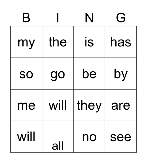 Sight Words Bingo Card