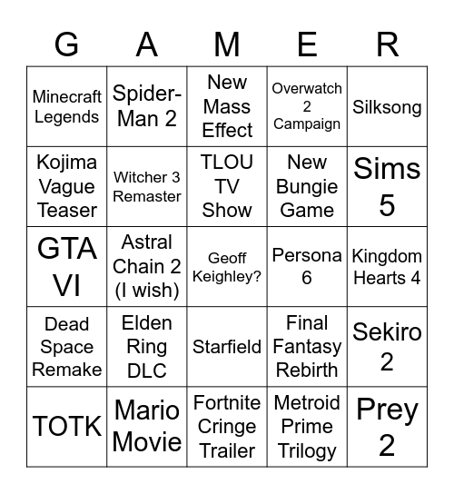 VGA Award Show 2022 Bingo Card