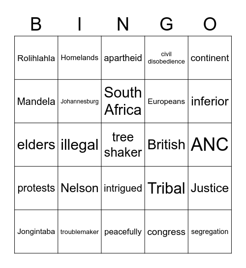 Logan's Nelson Mandela Bingo Card