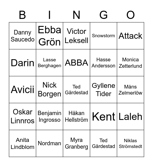 RK Artistbingo - Svenska hits Bingo Card