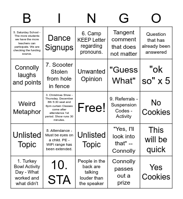 Staff Meeting 12/6 Bingo Card