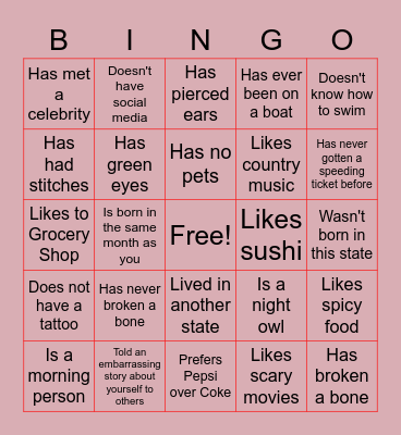 Getting to Know You Bingo Card
