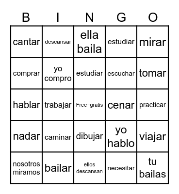 17 -AR Spanish Verbs Bingo Card